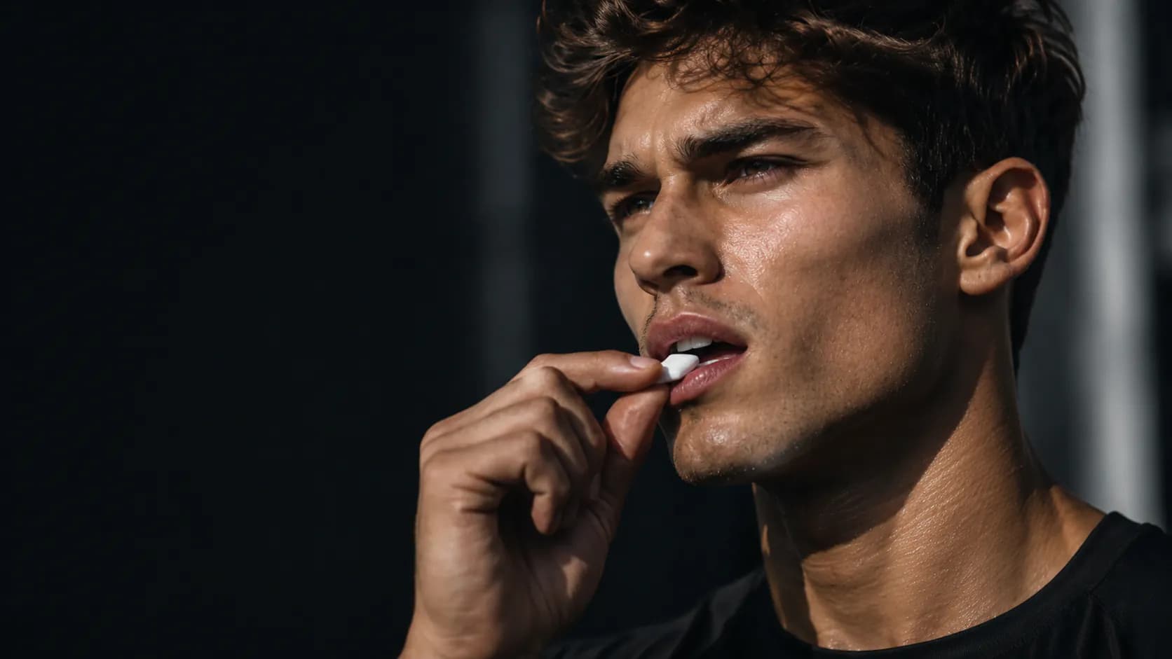 Jeune athlète à la mâchoire ciselée mordant un chewing-gum JAWD